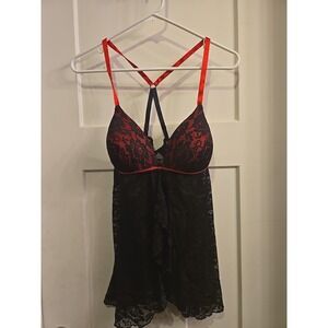 Secret Treasures Womens Lingerie Black & Red Lace/Satin Babydoll Top Size M
